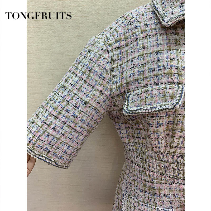 2019 новая женская мода с коротким рукавом отворотом окрашенная пряжа платье ткань