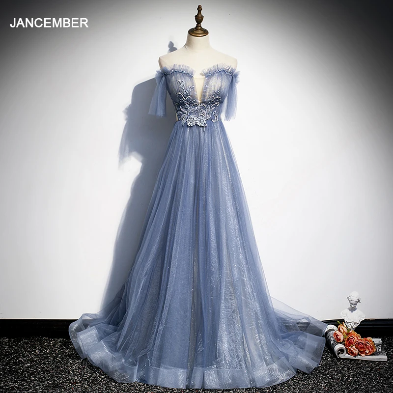 Женское платье с кружевной вышивкой JANCEMBER синее на шнурках тюлевой юбкой|Платья