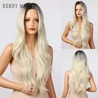 Женские длинные волнистые волосы с эффектом омбре, белые блондинки, синтетические натуральные волосы средней длины, термостойкий парик для косплея с темными корнями