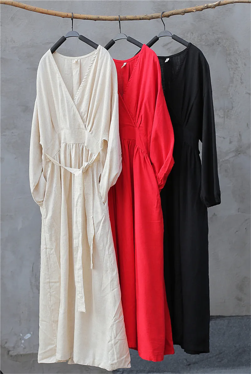 

Spring And Summer 2020 Linen Cotton New V-neck Loose Solid Color Retro Dress 3 Color Chinese Women's Clothes