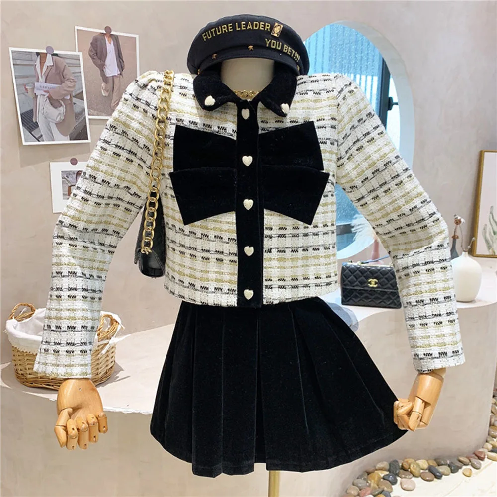 

Small Fragrance Tweed 2 Piece Set Women Bow Short Jacket Coat + Skirt Suits Korean Sweet Outfits French Vintage Two Piece Sets