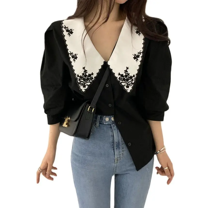 Женская рубашка с отложным воротником Классический Топ из полиэстера и хлопка в