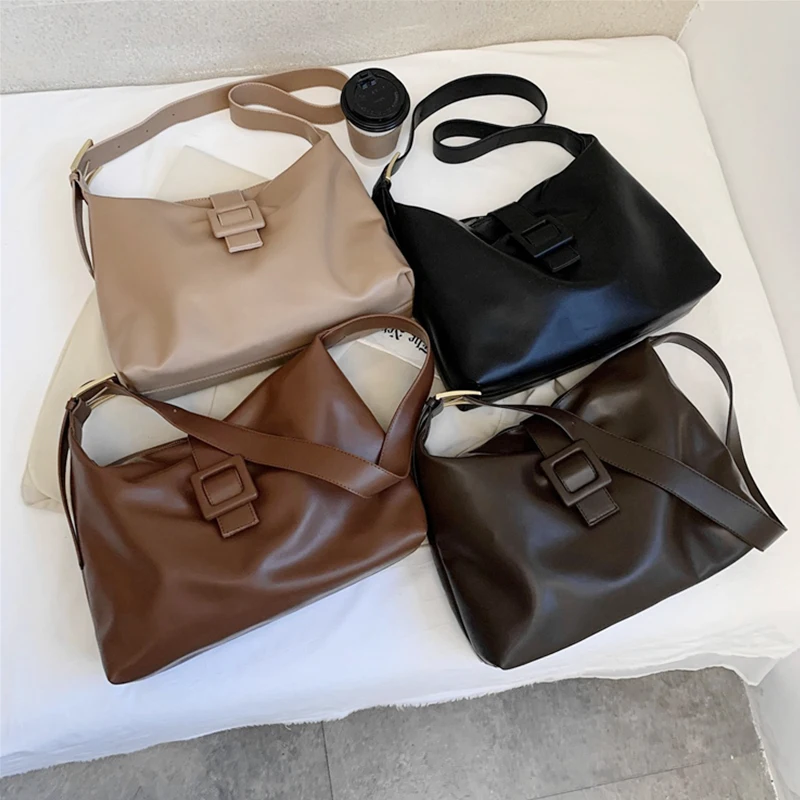 

Vintage Big Hobo Bags For Women Wide Strap Simple Large Capacity PU Leather Ladies Crossbody Bags Work Female Shoulder Bags 2021