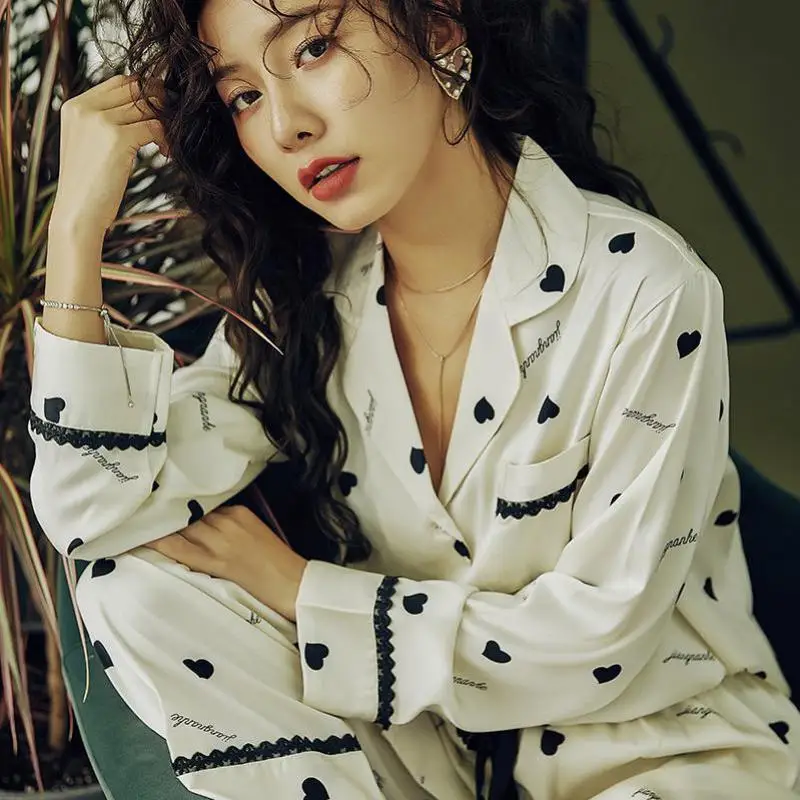 

White Women Pajamas Suit Sleepwear Print Flower Homewear Intimate Lingerie Satin Nightwear 2PCS Sleep Set Nightgown Pyjamas