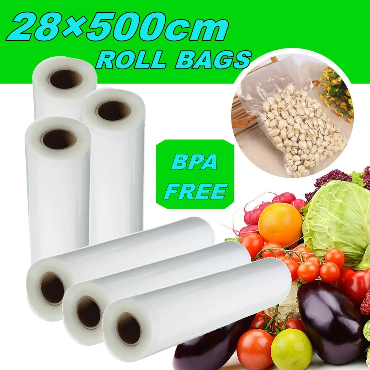 

Food Storage saver bags Vacuum Plastic roll custom size Bags For Kitchen Vacuum Sealer to Keep Food Fresh 28X500cm