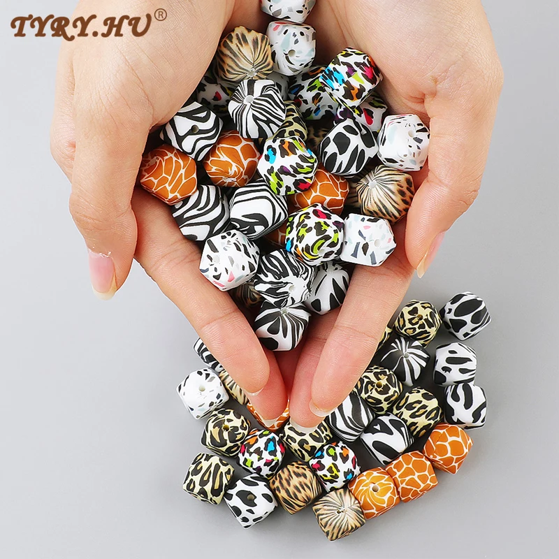 

TYRY.HU 10Pcs 14mm Hexagon Silicone Beads Terrazzo & Leopard Print Baby Teething Beads For DIY Baby Pacifier Chain BPA Free