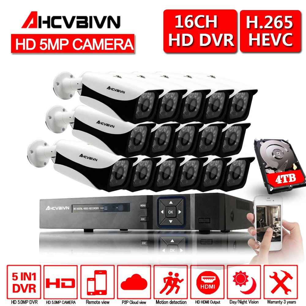 Камера видеонаблюдения AHCVBIVN 16 каналов AHD DVR 2592x1944 5 Мп ИК P2P|Система наблюдения| |