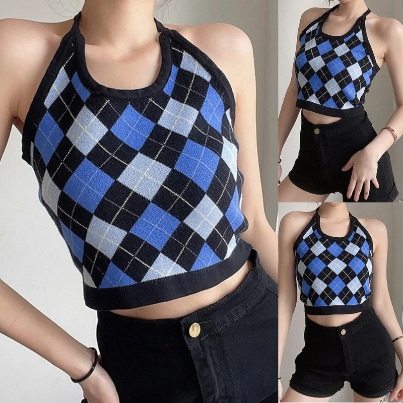 

Women Summer Sexy Halter Backless Crop Top Blue Contrast Color Argyle Plaid Print Camisole Harajuku Slim Corset Vest