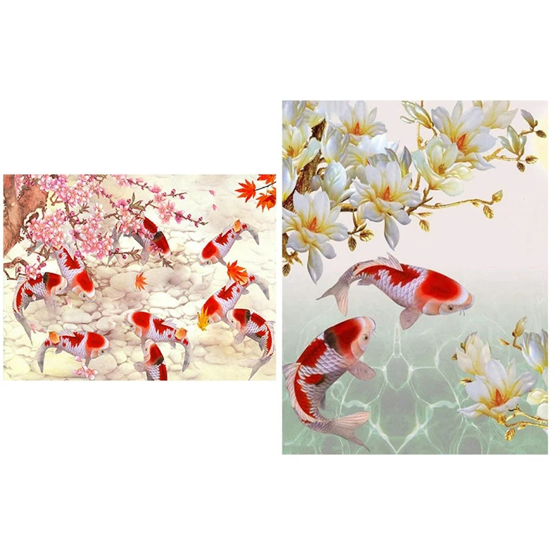

2 Set 5D Diamond Painting Cross Stitch Home Decoration, Koi Carp Fish Flower A & Carp And Flower B