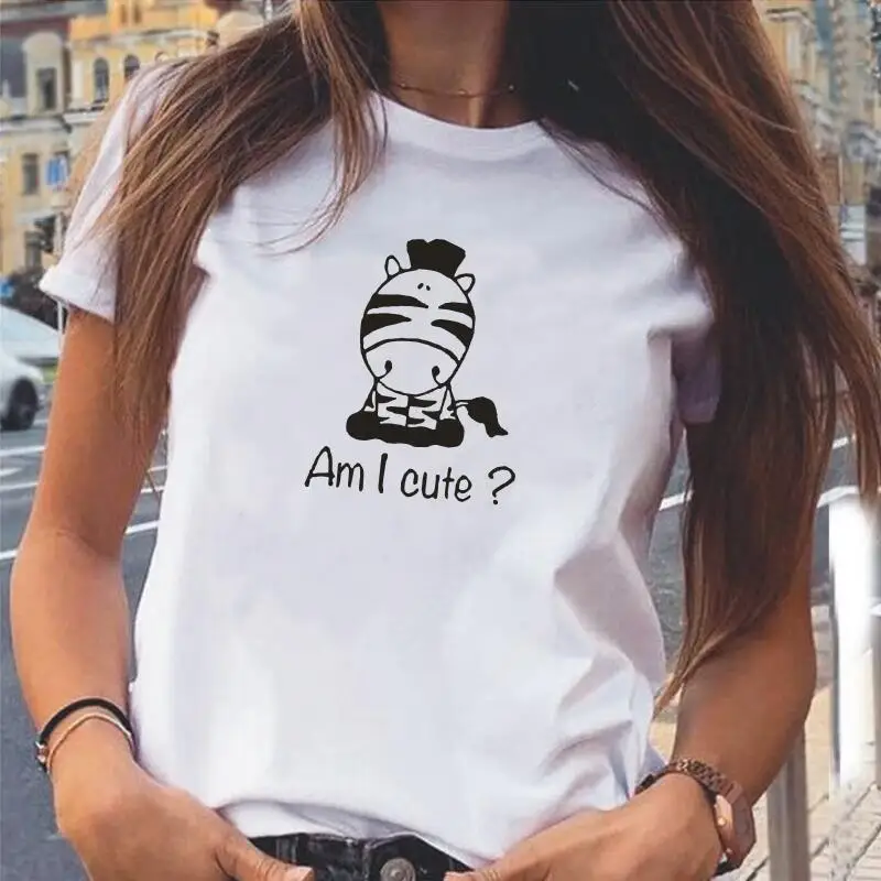 

Funny Am I Cute Cute Cow Print T Shirt Women Tops Summer Short Sleeve Tee Shirt Femme Casual Harajuku Tshirt Camiseta Mujer