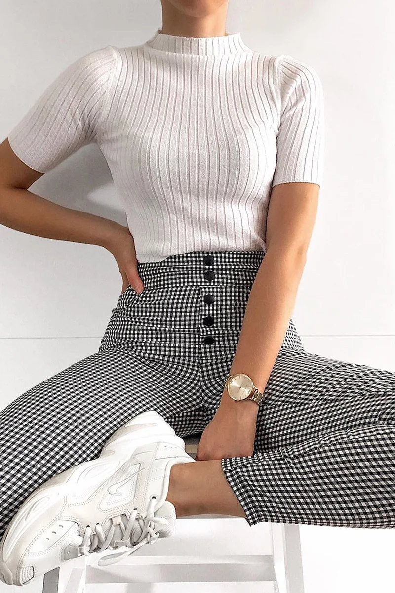 Shstyle, клетчатые, на пуговицах, обтягивающие, узкие брюки-карандаш, для женщин, с высокой талией, с карманами, для работы, повседневные, длинные, женские, узкие, для офиса, для девушек, брюки
