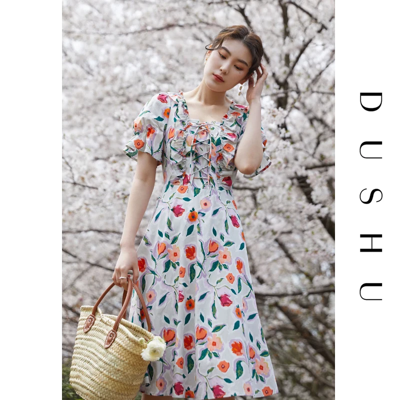 DUSHU 100% Cotton Office Lady Lace Retro Puff Sleeve Dress 2021 Summer New Style Square Neck Dress Dresses For Women