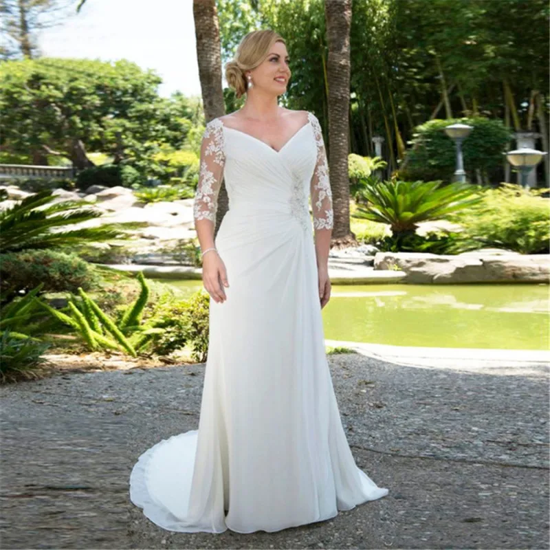 

Elegant Long Lace Sleeve Ruffle Boho Wedding Dresses 2021 Cheap V-Neck Court Train China Wedding Gowns