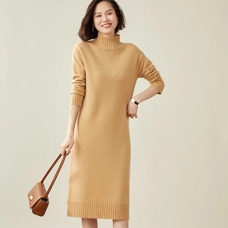 

Женское трикотажное платье-свитер, длинное платье из чистого кашемира с высоким воротником, 100%