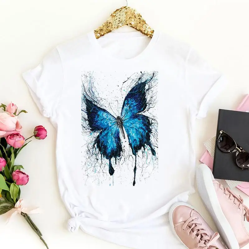 

Tees Ladies Butterfly Fashion Watercolor Trend Short Sleeve Summer Female Clothes Tshirts Tops Women Cartoon Graphic T-Shirt