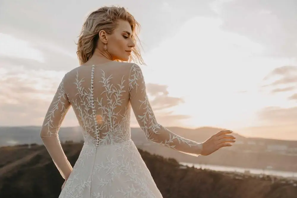 Шикарное кружевное свадебное платье А-силуэт длинный рукав тюль Vestido De Noiva богемные свадебные платья
