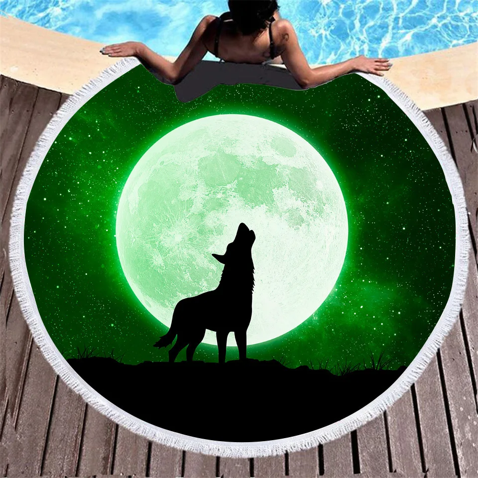 

Moon Night Wolf Large Round Beach Towel Microfiber Fabric Bath Towels Yoga Mat Blanket Cover With Tassel Droppshiping