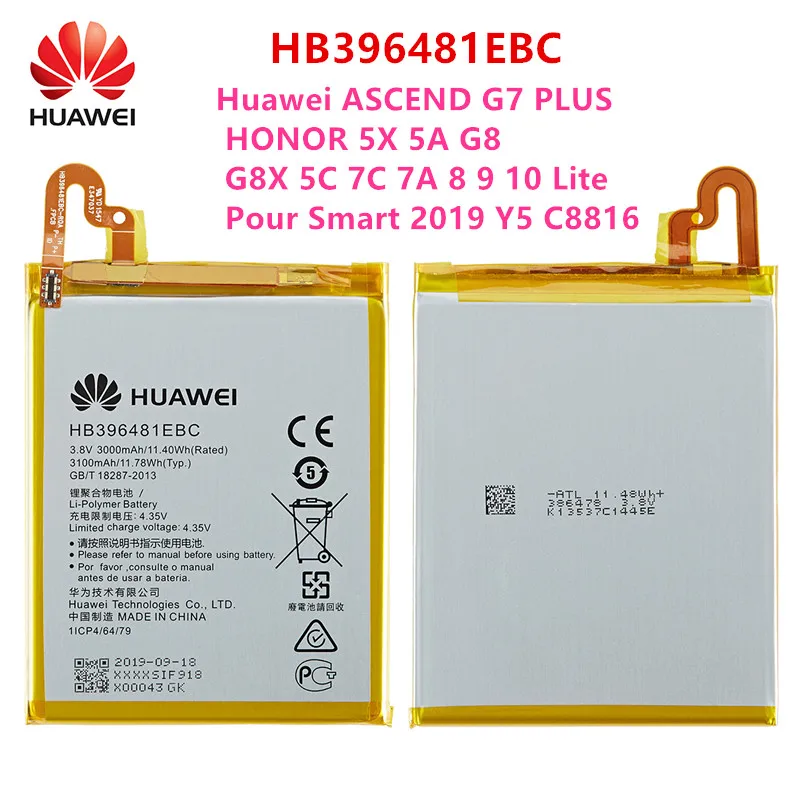 100% Orginal HB396481EBC Battery For Huawei ASCEND G7 PLUS HONOR 5X 5A G8 G8X 5C 7C 7A 8 9 10 Lite Pour Smart 2019 Y5 C8816