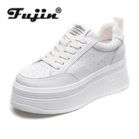 fujin 7cm genuine leather platform wedge shoes chunky sneakers white comfortable leather super thick sole spring autumn shoes