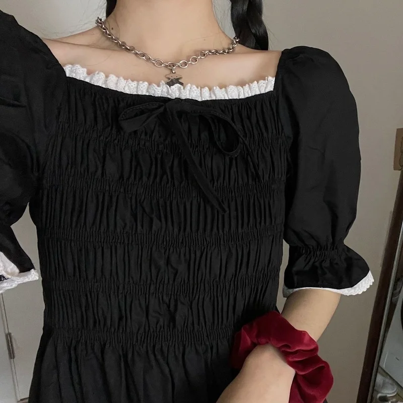 Платье женское черное с пышными рукавами простой Повседневный Сарафан во