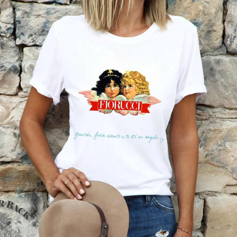 

Large Size S-5XL Summer Women 100% Cotton Casual T-shirt Angel Print O-Collar Short Sleeve Shirt Fashion Loose T-shirts Clothing