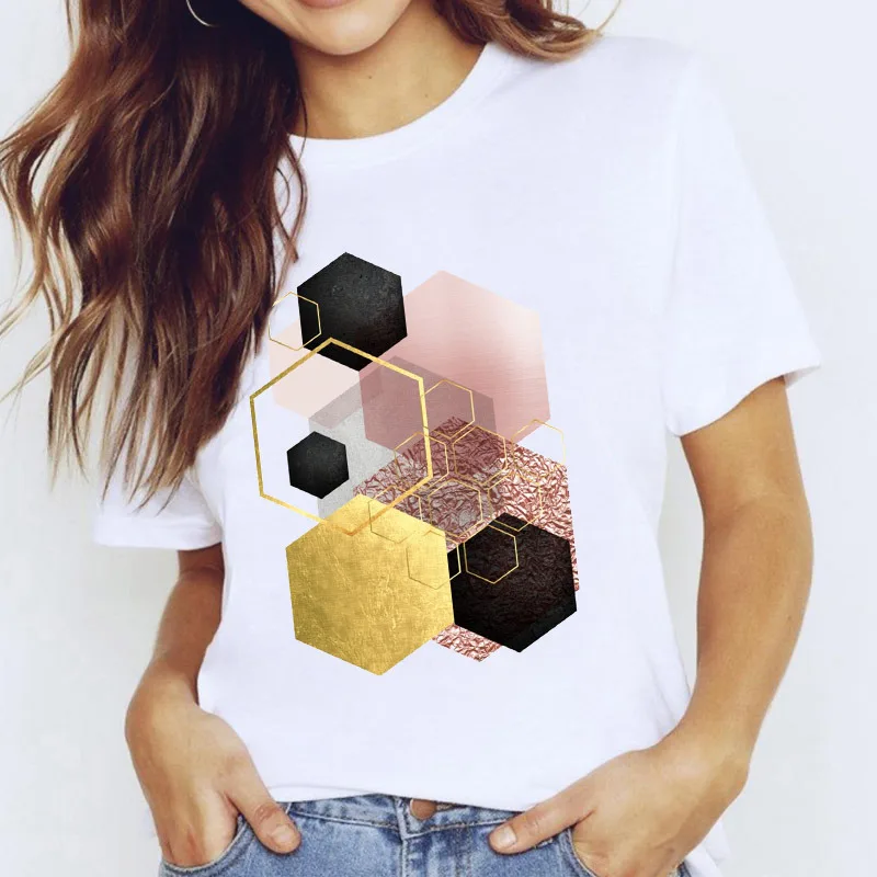 

2021 Beautiful Geometry Printed T Shirt Women Short Sleeve Ladies Print Clothing Clothes Lady Tees Tops Female T Shirt femme
