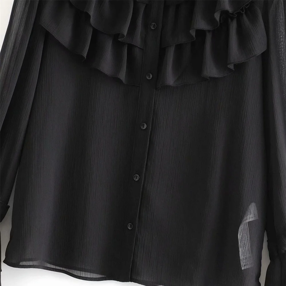 

Autumn 2019 women's new round neck long sleeve laminated decoration translucent shirt with ruffles decoration shirt03666194800