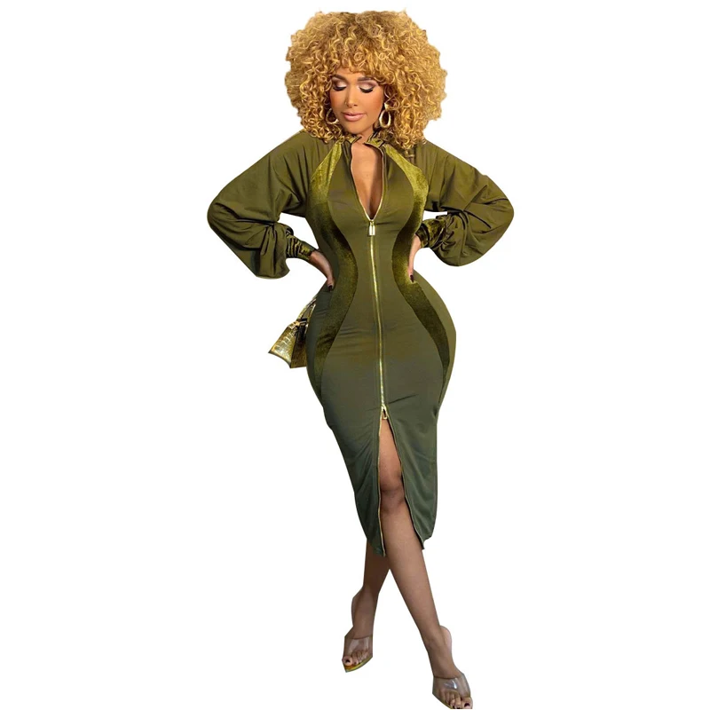 

Модное однотонное платье до середины икры на молнии с длинным рукавом облегающее платье миди для женщин осень 2021 Повседневная вечерняя Клу...