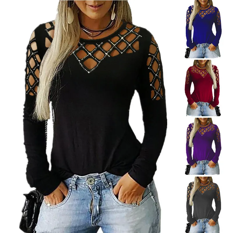 

Bikoles 2021 Autmn Winter New Casual Solid O Neck Long Sleeve Tops Women's T Shirt Patchwork Hollow Out Femmle Plus Size Basic