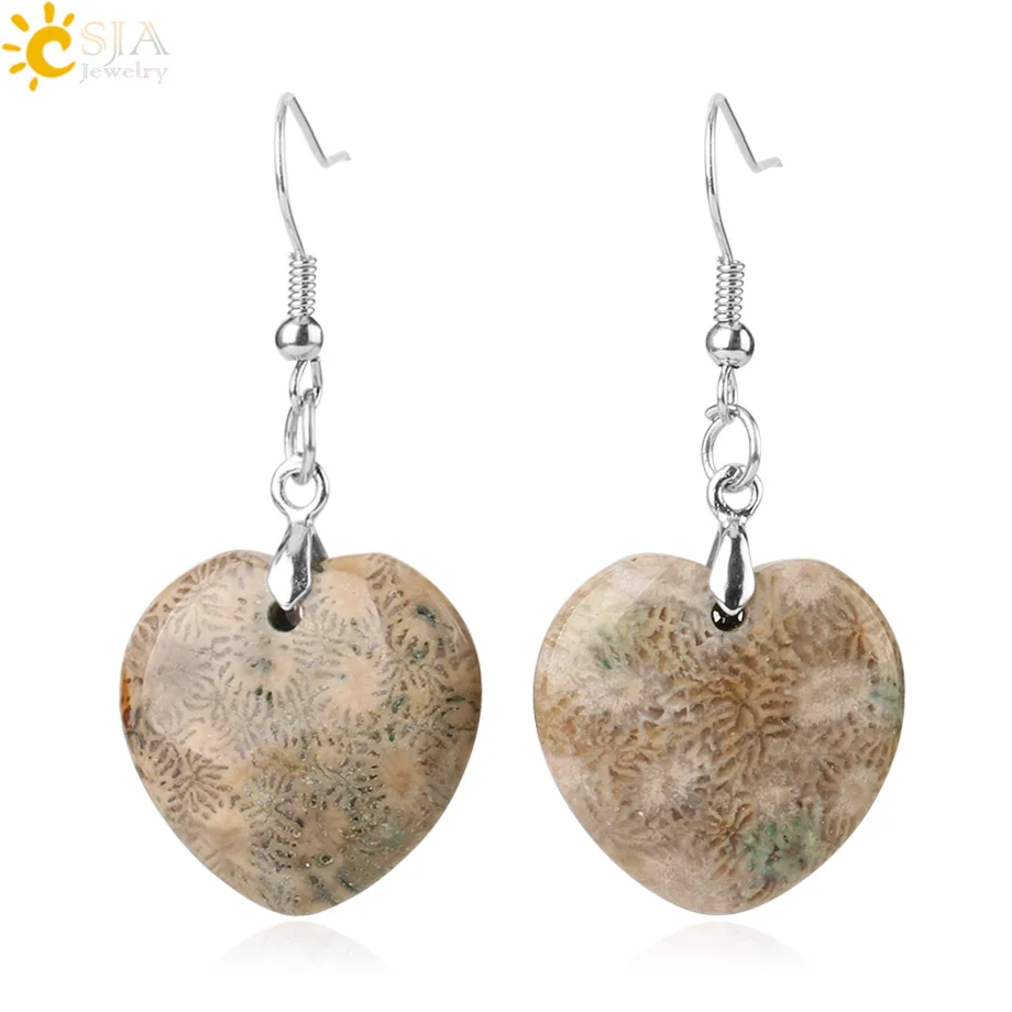 Csja новый натуральный камень хризантемы Висячие серьги сердце аммония окаменелостей Висячие серьги для женщин модные ювелирные изделия ремесла G156