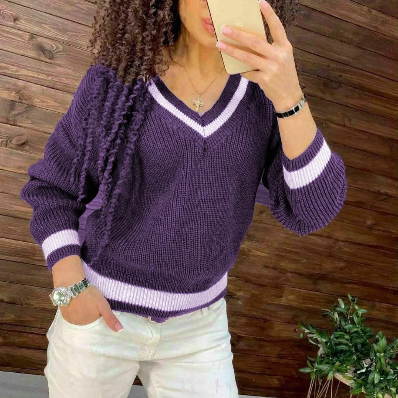 

2021 Autumn Winter Women Warm Sweaters Fashion V Neck Striped Loose Knitted Pullover Long-sleeved Lady Blouse Vintage Casual Top