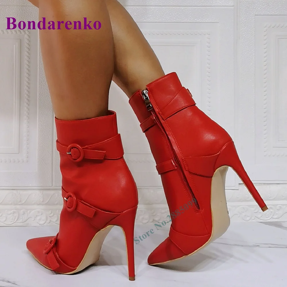 

Ботильоны С Острым носком и пряжкой женские, однотонные кожаные модные вечерние классические короткие сапоги на тонком высоком каблуке, на молнии сбоку, красные, на весну