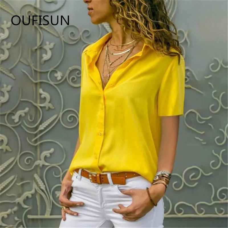 yellow Осенняя женская шифоновая блузка, рубашки, повседневные с длинным рукавом, с v-образным вырезом, Женская рабочая одежда, элегантная женская блузка, рубашки размера плюс - Цвет: yellow