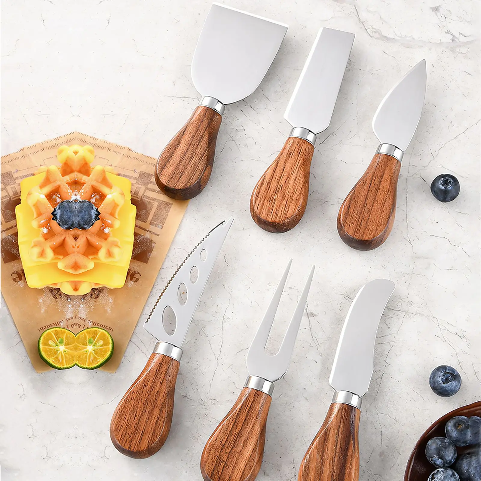 

6Pcs Stainless Steel Cheese Knives Wood Handle Cheese Cutter Cheese Board Butter Knife Spatula Kitchen Cooking Tools