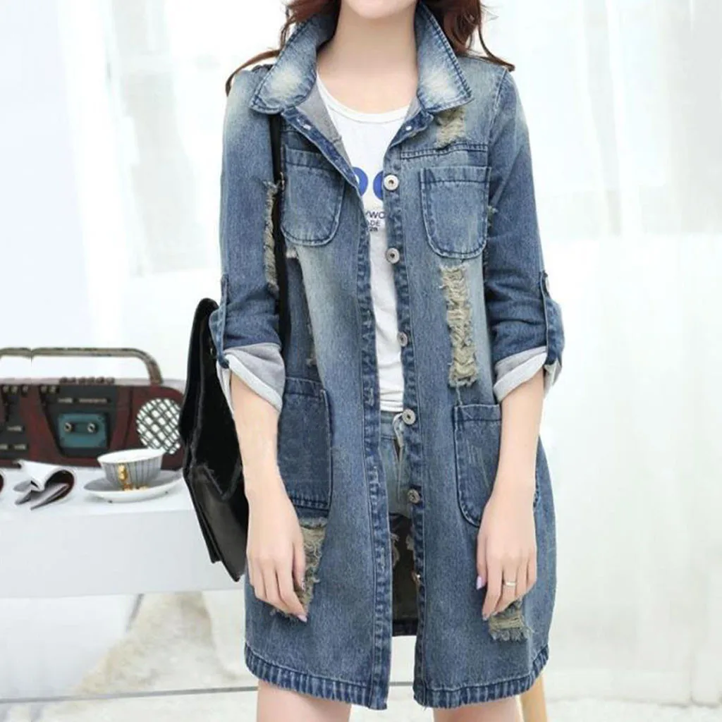 Женская джинсовая куртка с длинным рукавом Повседневная Длинная из денима