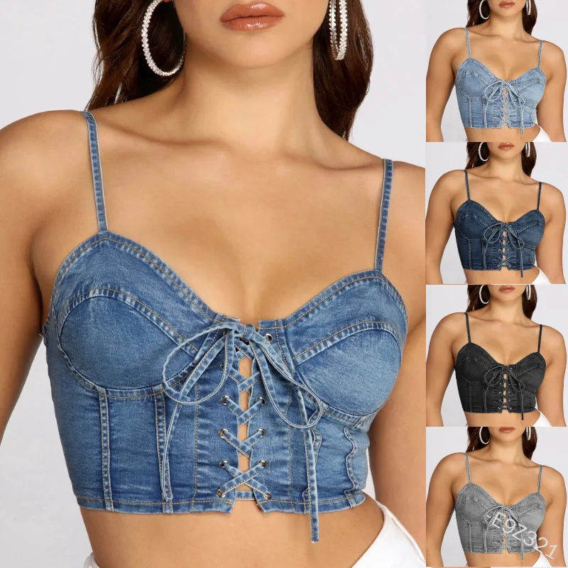 

Kalenmos Sexy New Ladies Camis Outer Wear Casual Solid Color Bandage Denim Short Fashion Streetwear 5XL Plus Size tops