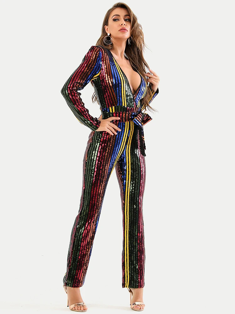 Ailigou 2021 New Fashion Multicolor Striped Sequins Sexy V-neck Long Sleeve Belt Design Celebrity Party Jumpsuit