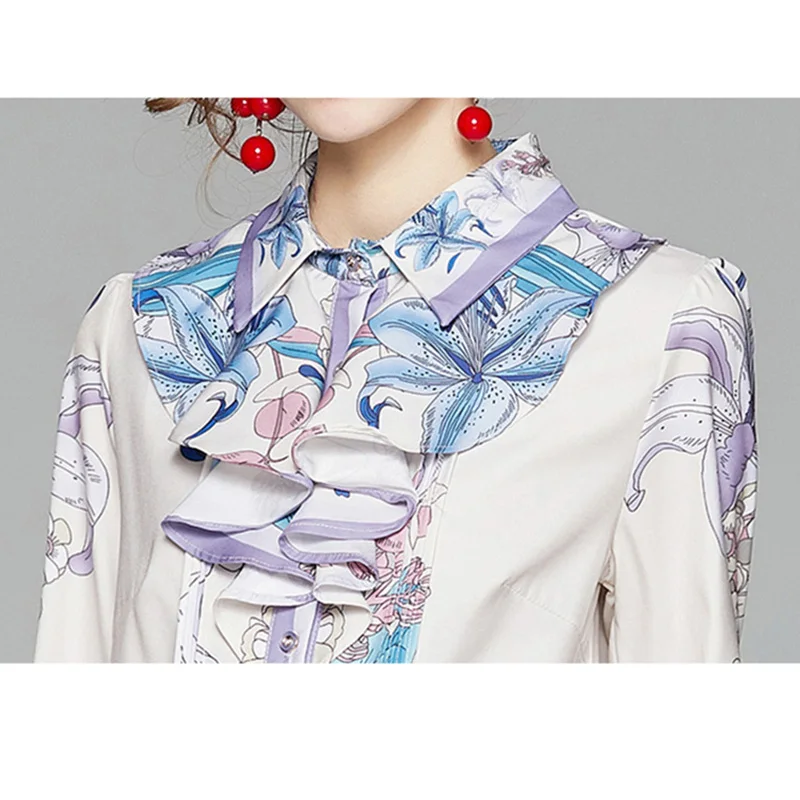 

Spring Fall Runway 2 Piece Womens Sets Vintage Floral Print Long Sleeve Top Shirt And Pencil Pants Suits Outfits