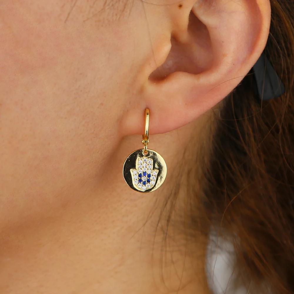 2021 золотые геометрические круглые серьги в форме руки Хамса циркониевые