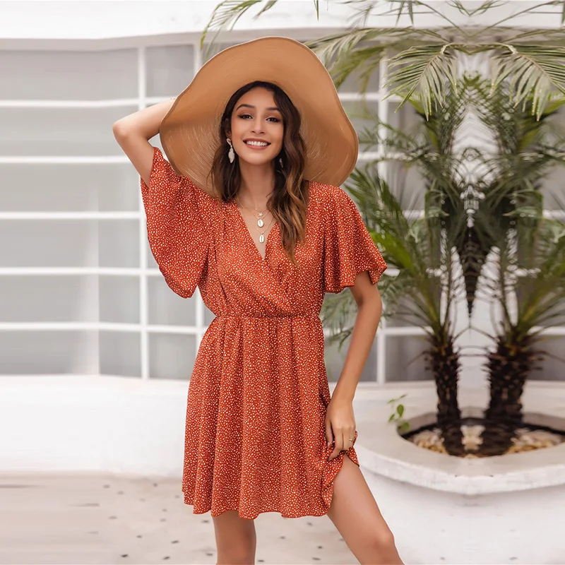 

Women's Spring Summer Dress V Neck Print Short Dress Ladies 2021 New Butterfly Sleeve Wasit Simple Fashion Floral Mini Dresses