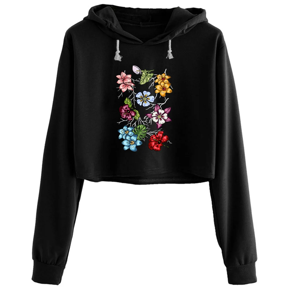 

Exotic Flower Blossoming Wild Flowers Crop Hoodies Women Emo Aesthetic Kpop Korean Pullover For Girls