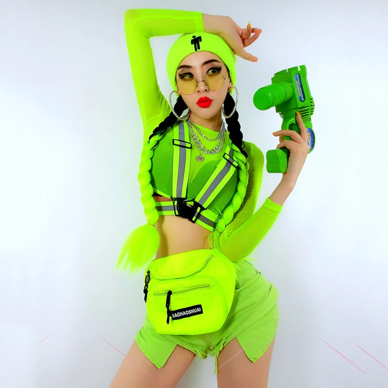 

New Hip Hop Costumes Jazz Clothing Fluorescent Green Mesh See-Through Top Jeans Suit Sexy Nightclub Ds Dj Stage Outfit DNV13588