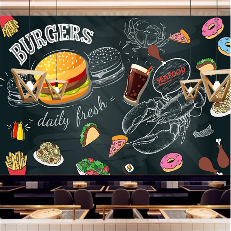 Custom Snack Bar Hamburger Doughnuts Wall Paper 3D Burgers Western Fast Food Restaurant black Background Wall Mural Wallpaper