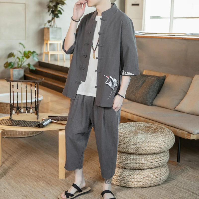 Мужской костюм в китайском стиле пальто с вышивкой журавлей и брюки комплект из