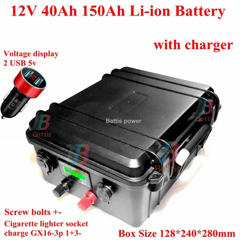 Водонепроницаемая литиевая батарея 12 в 100 А/ч 12 в 40 А/ч 60 А/ч 80 а/ч 120 а/ч 150 А/ч USB батарея для хранения солнечной энергии для рыболовной лодки + зарядное устройство 10 А