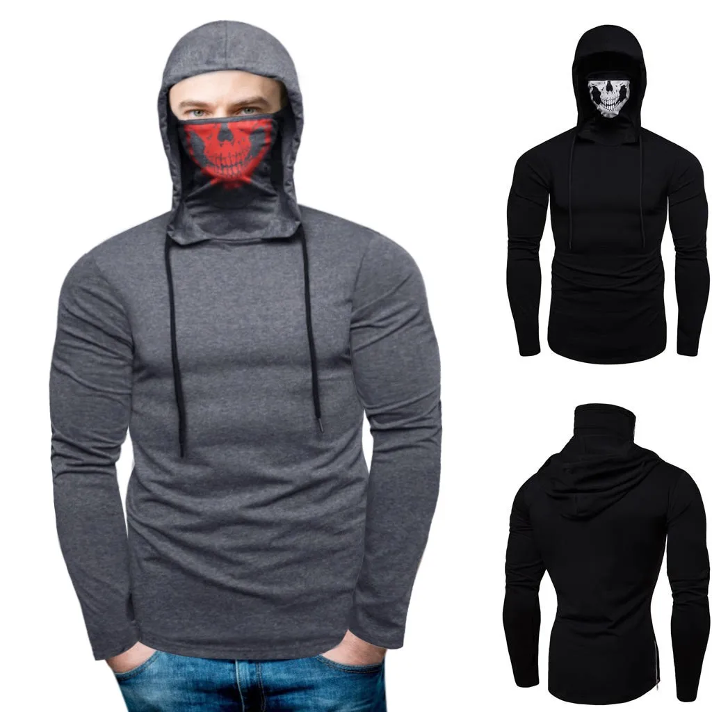 Мужской однотонный пуловер с черепом свитшот длинным рукавом и капюшоном топы