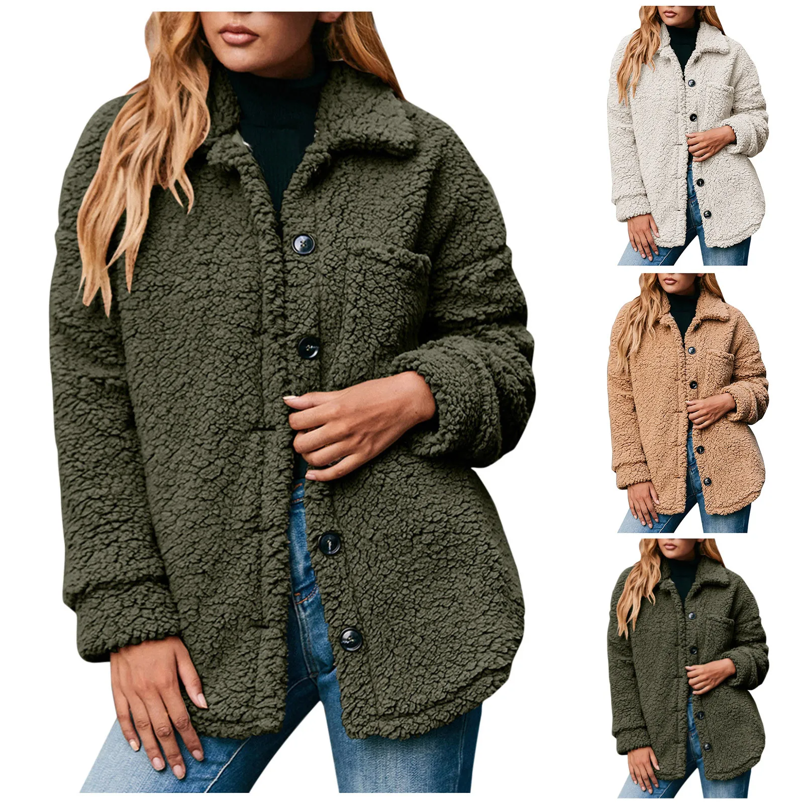 

Women'S Autumn And Winter Solid Color Cardigan Long-Sleeved Lapel Double-Sided Fleece Casual Solid Coat Warm Lamb Velvet Coat