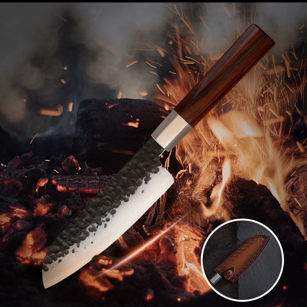 XYj 7 'Ǝ'' ручной Кованый кухонный нож высокий из углеродистой стали кожаный