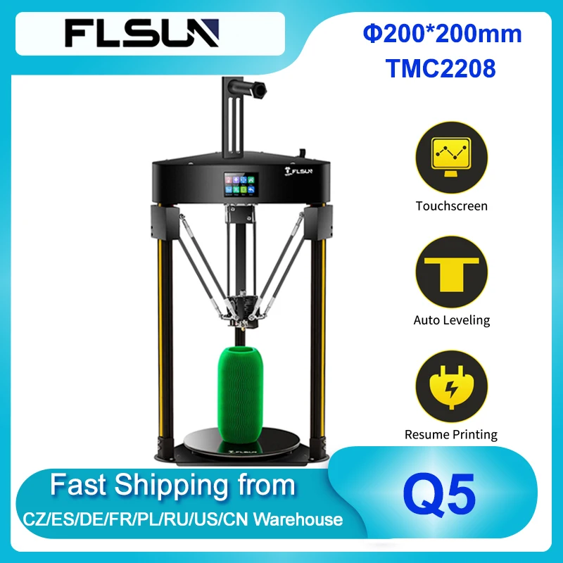 

FLSUN Q5 Delta 3D Printer TMC2208 Silent Driver with Full Color Touchscreen Lattice Glass Platform Auto Leveling Resume Printing