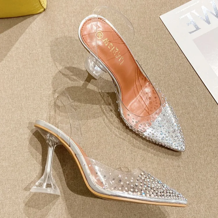 

2021 Sandals High Heels Ladies Shoes Summer Suit Female Beige Shallow Mouth New High-heeled Pointed Black Plastic Girls Rhines